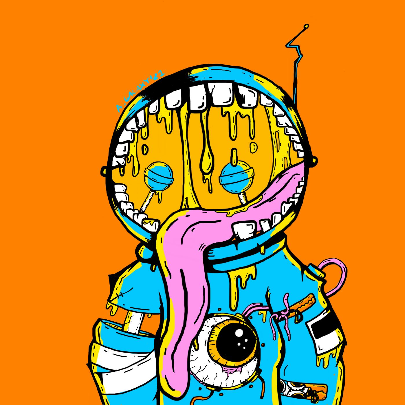 Image Description: An astronaut, in a sky blue space suit stands in front of an orange background. Their antenna is slightly crooked diagonally. In place of their face is two rows of teeth, and a long lolling tongue hanging out the open mouth. Dripping from the roof of the mouth is yellow drool. There are two blue lollipops standing up inside the mouth. There is yellow fluid leaking from the bottom of the helmet. The one of the astronaut's arm is bandaged revealing bone due to a section of the arm being missing. A zipper in the suit reveals small eyeball inside the suit. Another zipper, worms. There is a larger eyeball in the centre of the suit, attached to small pipping. A Polaroid picture is stuck on one of the arms with yellow goo.

            The colour palette is orange, yellow-orange, pink, sky blue, white, and black. The outline is a solid Black. 